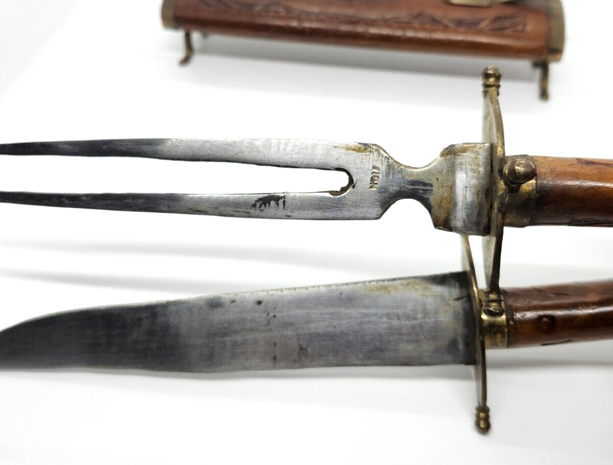 Decorative Knife Carving Set In Wooden Hand Carved & Brass Casing VTG India