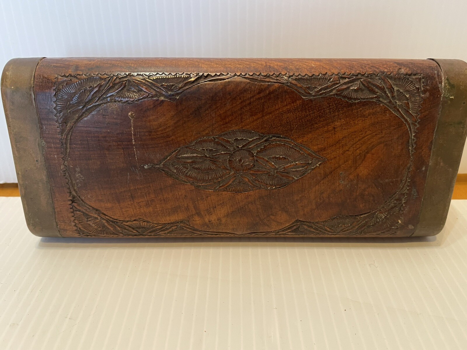 Antique Indian Hand Carved Wooden Case & Six Stainless Steel Wood Handle Knives.