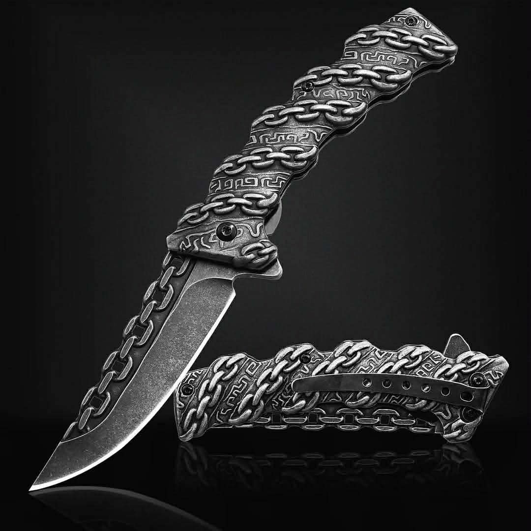 Chain Design Stainless Steel Handle Spring Assist Pocketknife Chain Unique Blade