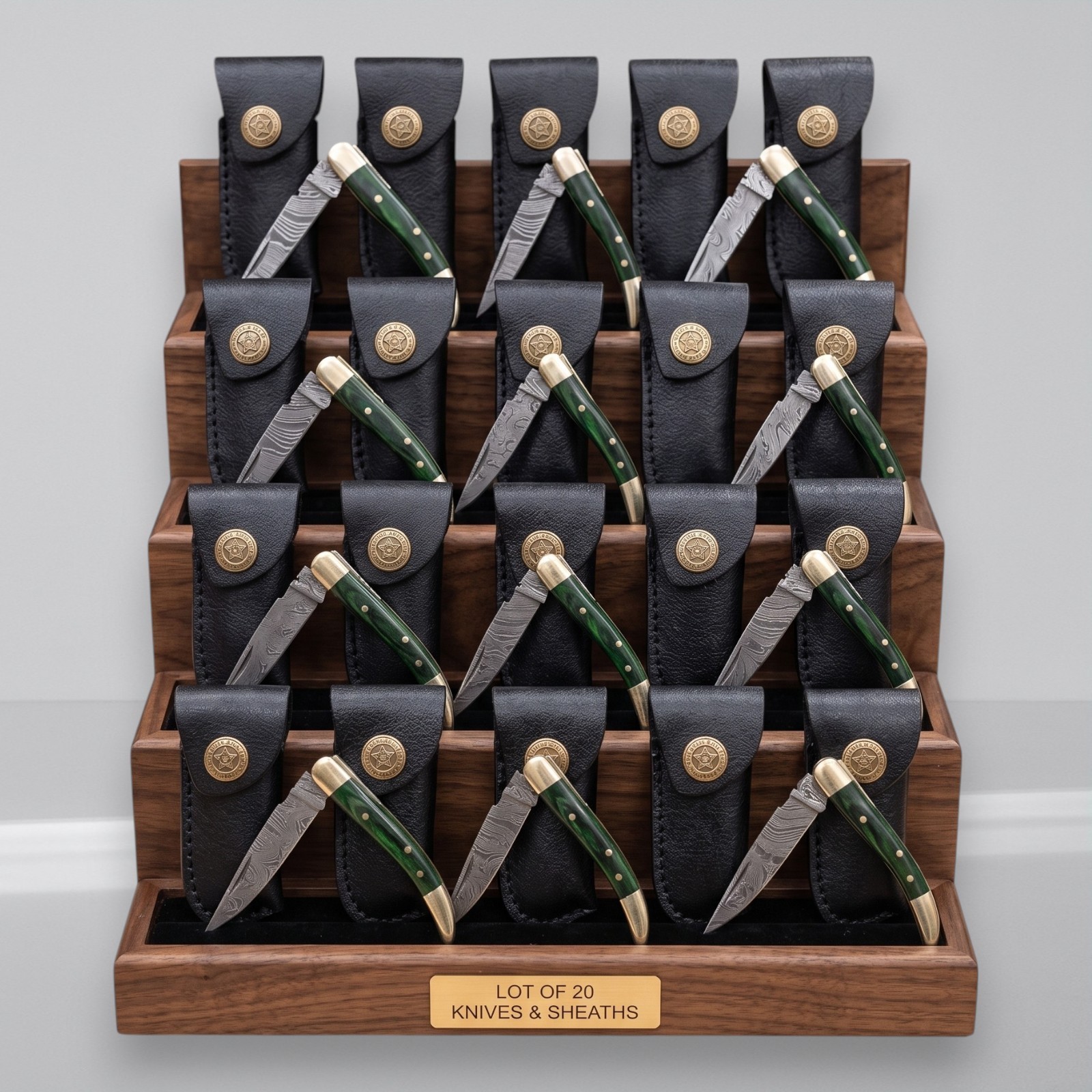 Lot 20 Damascus Pocket Knives Green Wood Brass Slipjoint Folding Knives & Sheath