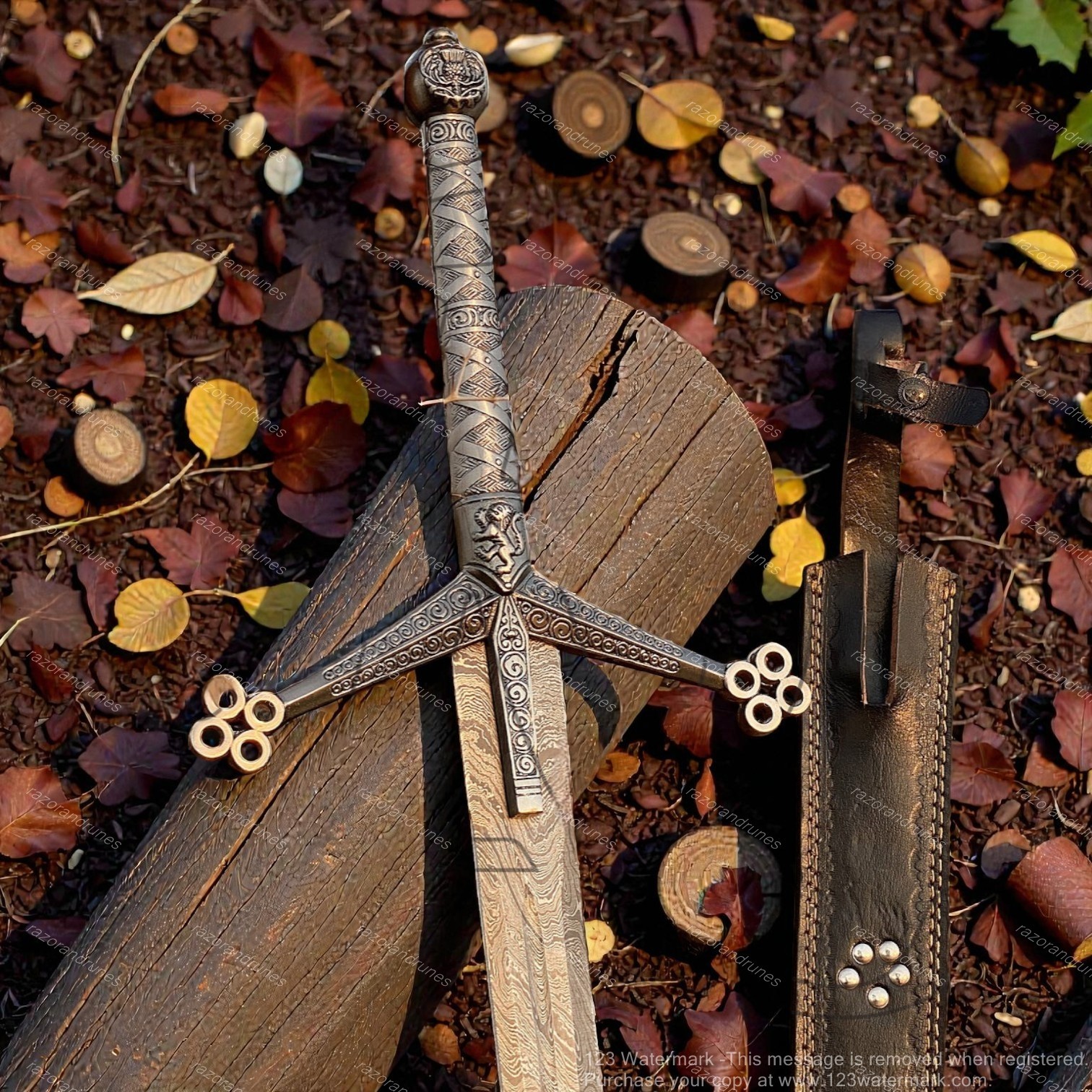 Medieval Scottish Claymore Damascus Steel Sword W Sheath Historical Display Gift