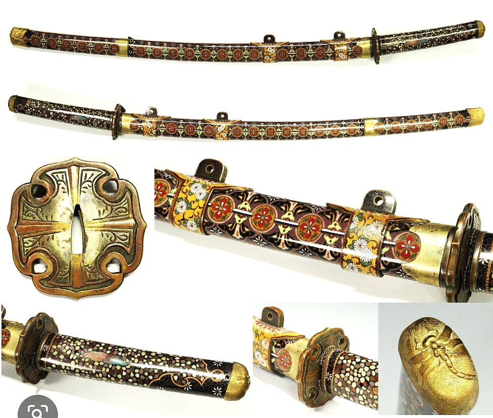 Museum Samurai Tachi Koshirae Gold Maki-e Pearl Inlay For 13mm Thick Sword Mount