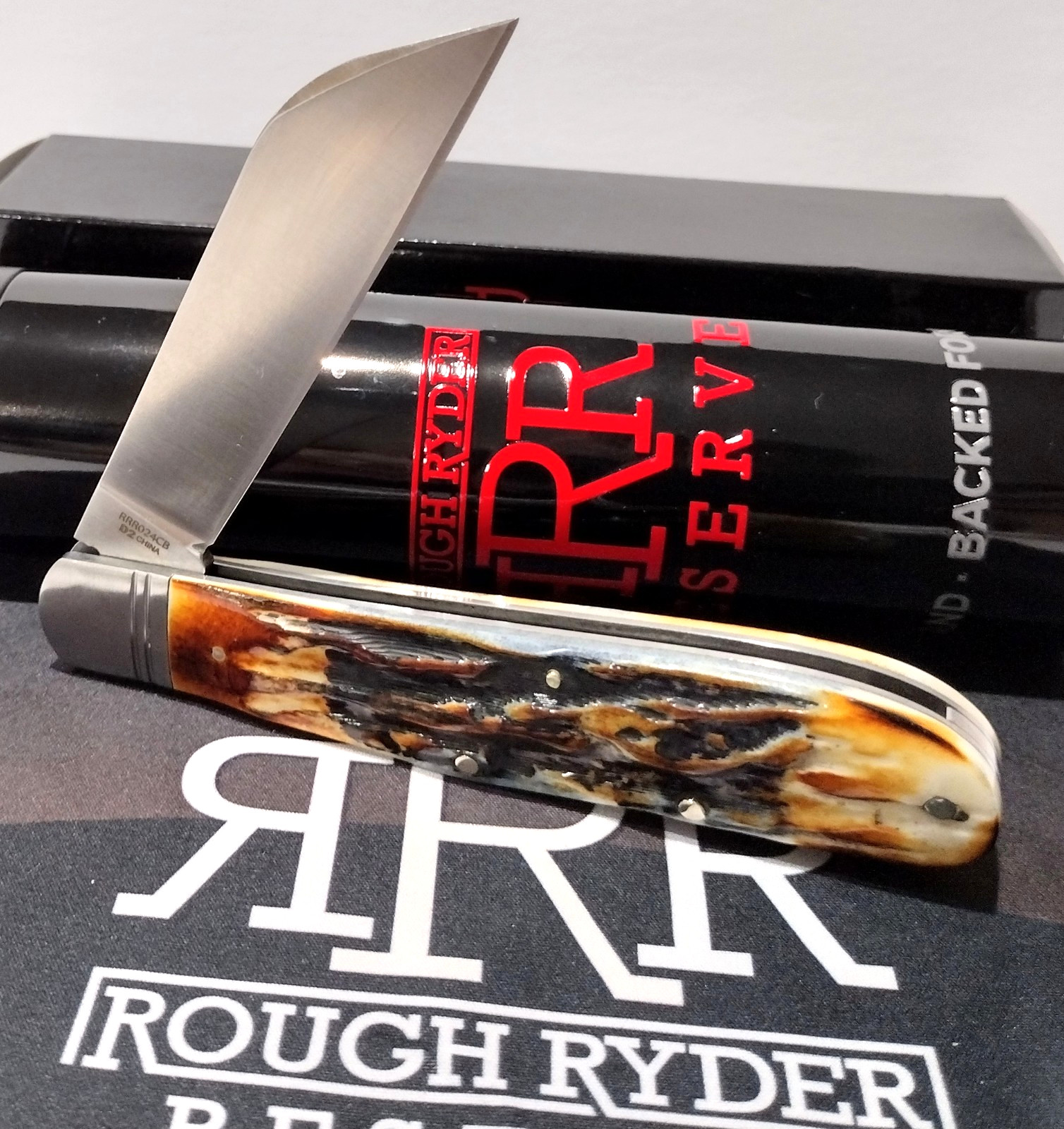 Rough Ryder Reserve Brown Stag Bone D2 Tool Steel Grandaddy Folder Pocket Knife