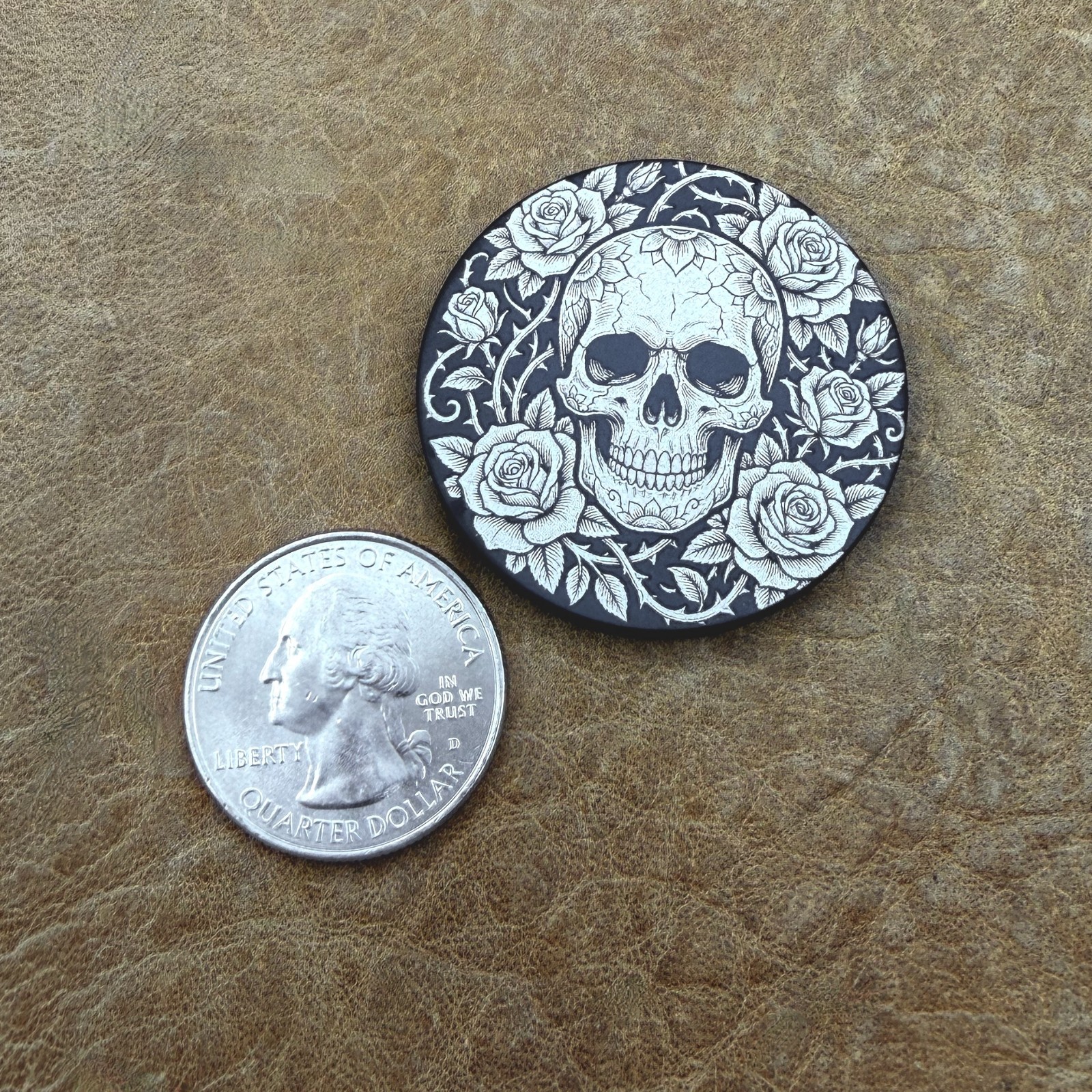 1.5 inch custom Titanium coin in Skull and Roses pattern ~ .15 inches thick