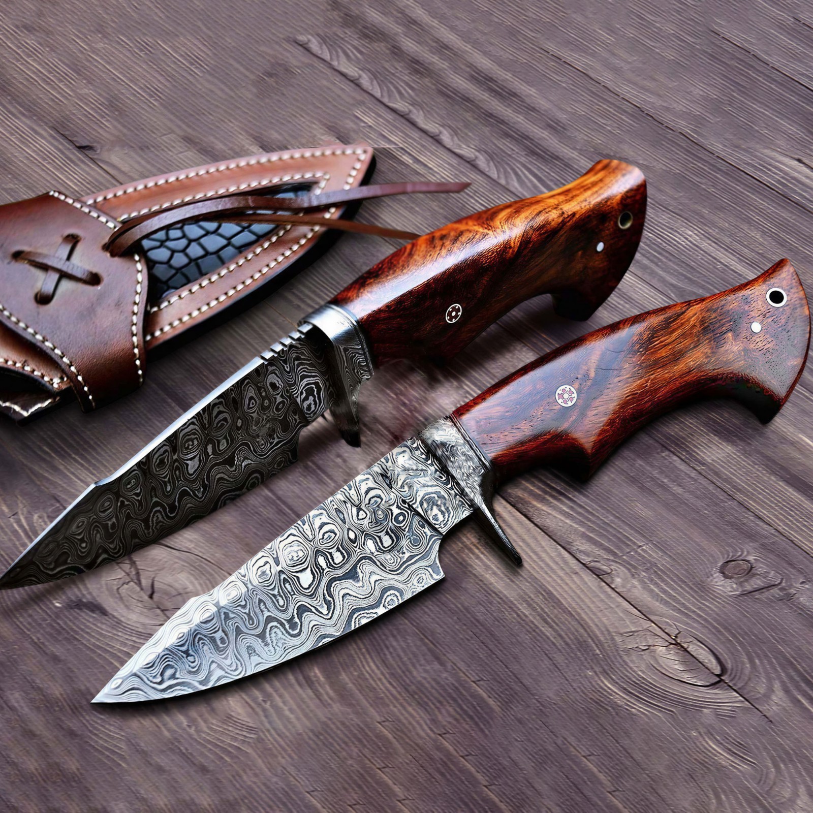 Damascus Steel Bobcat Hunting Knife, Handmade Fixed Blade Camping Outdoor Knife