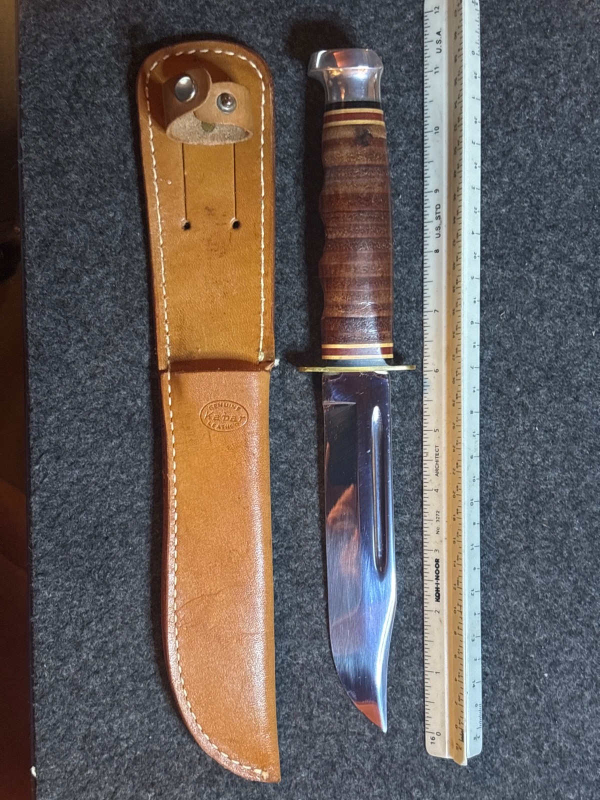 Vintage KA-BAR 1207 USA 6″ Stacked Leather Hunting Knife & Original Sheath MINT