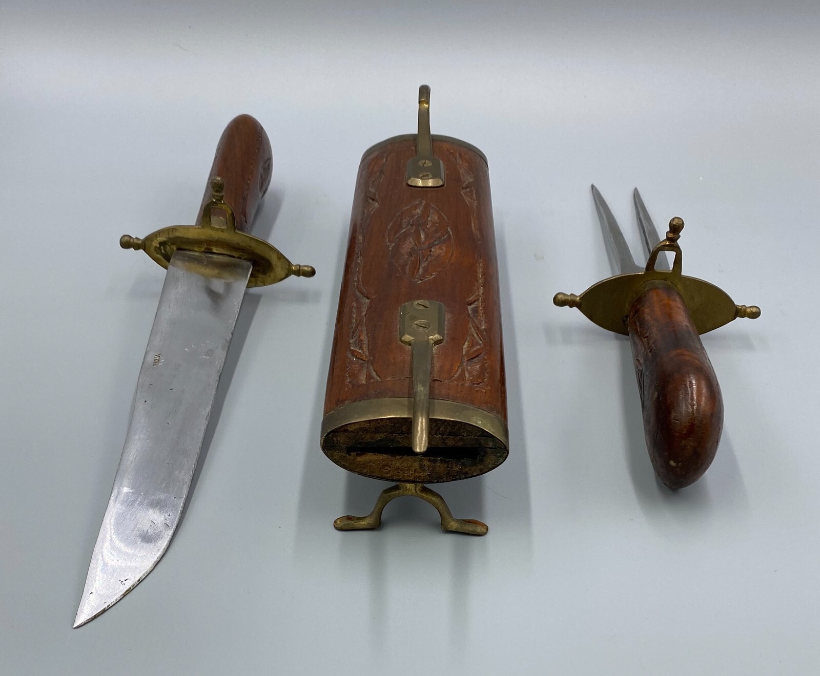 Vintage Indian knife and fork set wooden carved wood and brass trim