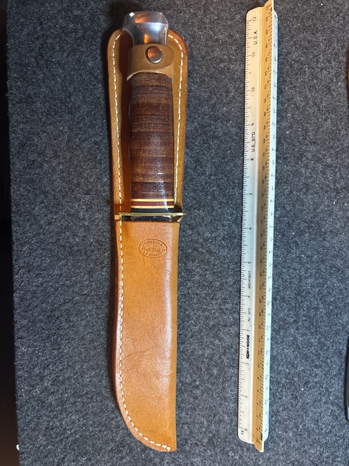 Vintage KA-BAR 1207 USA 6″ Stacked Leather Hunting Knife & Original Sheath MINT