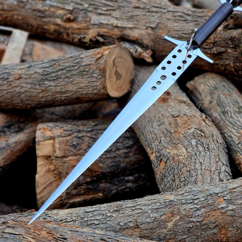 Handmade Fantasy Sword Double Hand Grip Leather Wrap Handle Perforated Blade