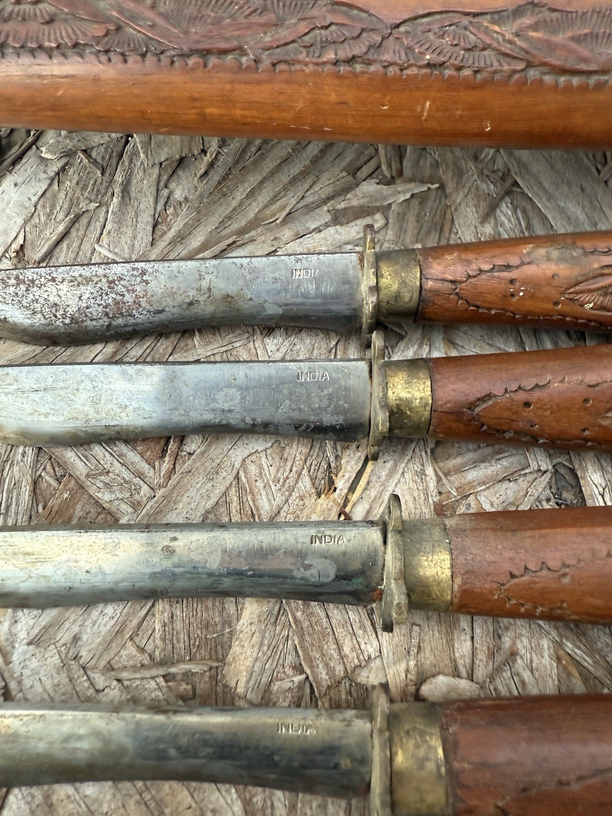 Vintage Ornate Brass And Wood Hand Crafted Knife Block 6 Knifes Made In India