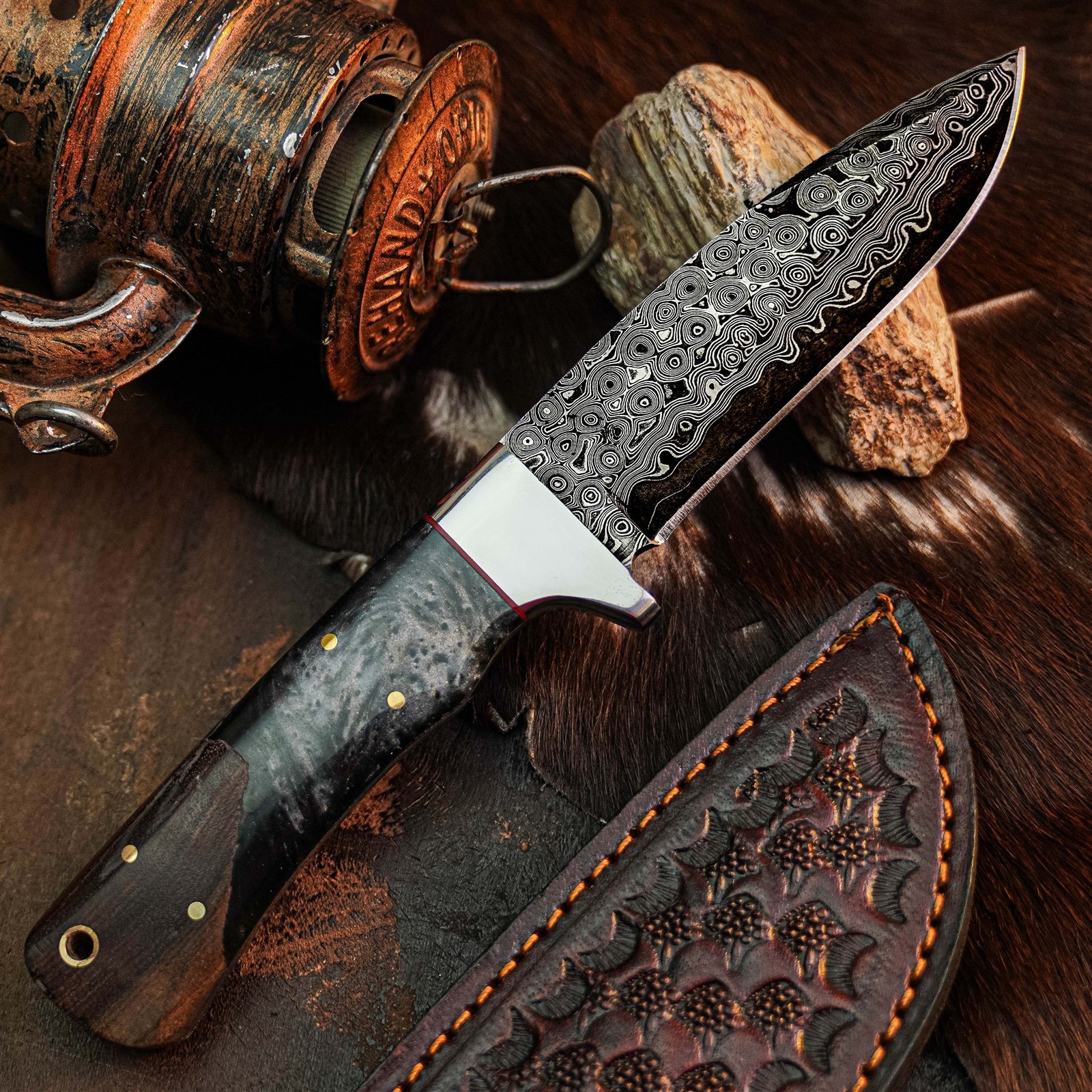 8.8″ Bushcraft Camping Damascus Knife Handmade Full Tang Wood Handle +Sheath