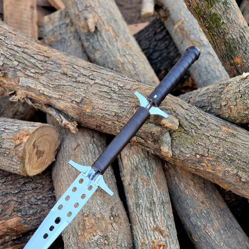 Handmade Fantasy Sword Double Hand Grip Leather Wrap Handle Perforated Blade
