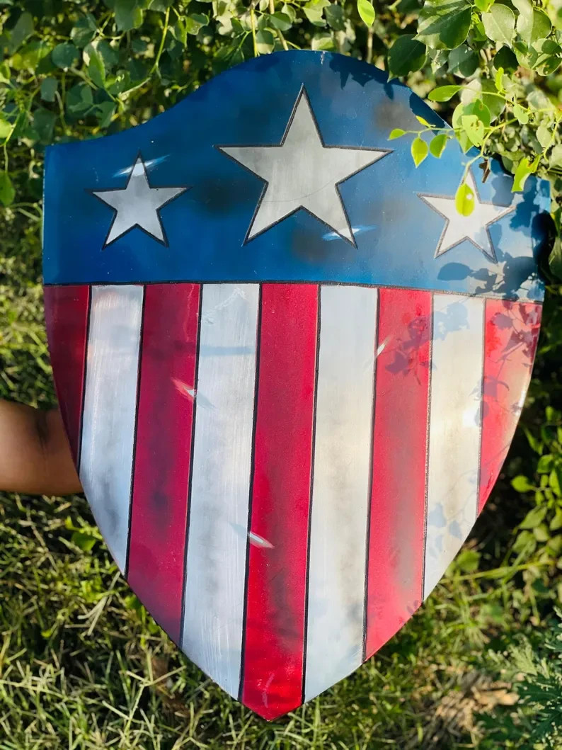 Captain America Shield: Battle Damaged Aluminum, Leather Straps – 19.5×25 Inch