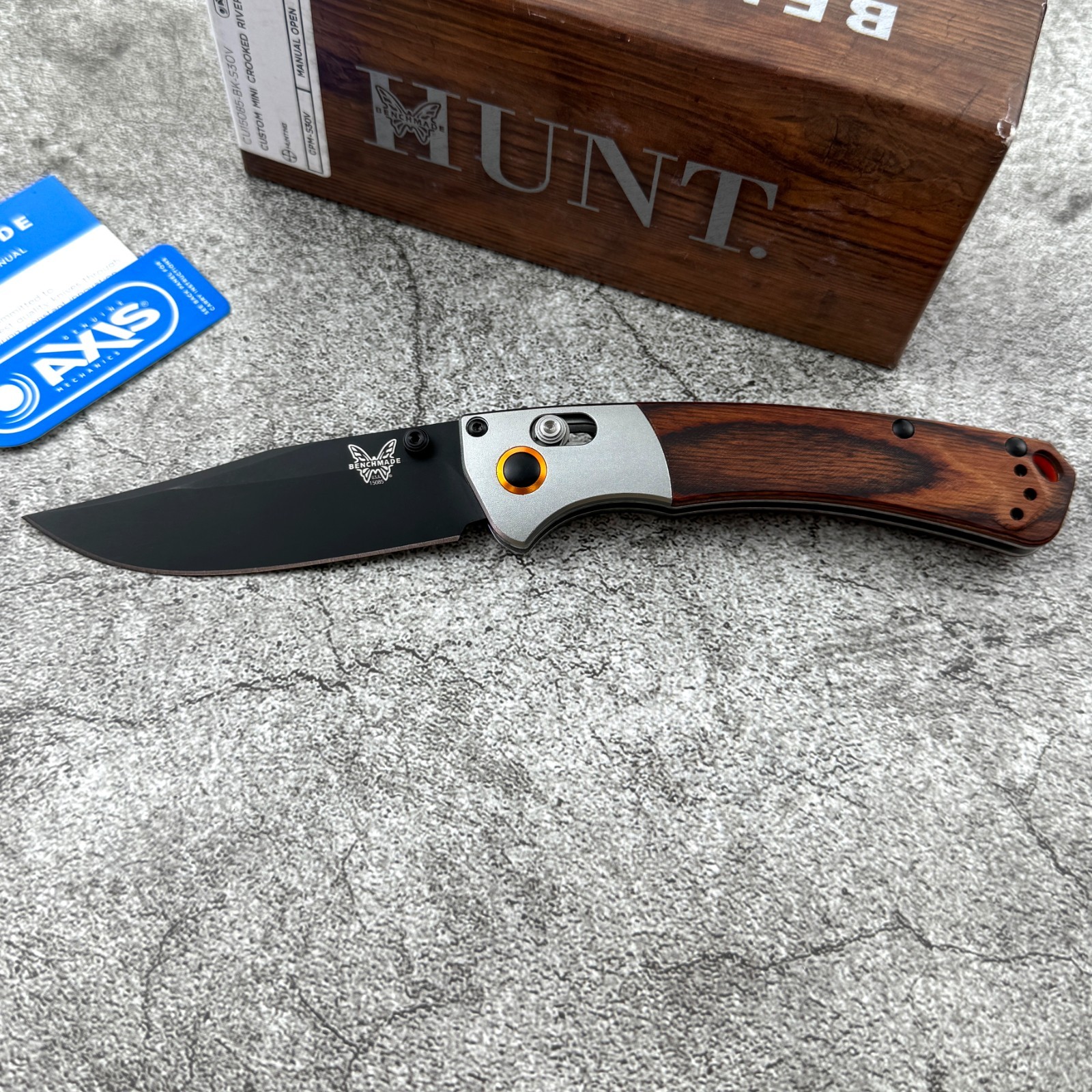 Benchmade 15085-2 Mini Crooked River Gray Aluminum Wood Clip-Point Folding Knife