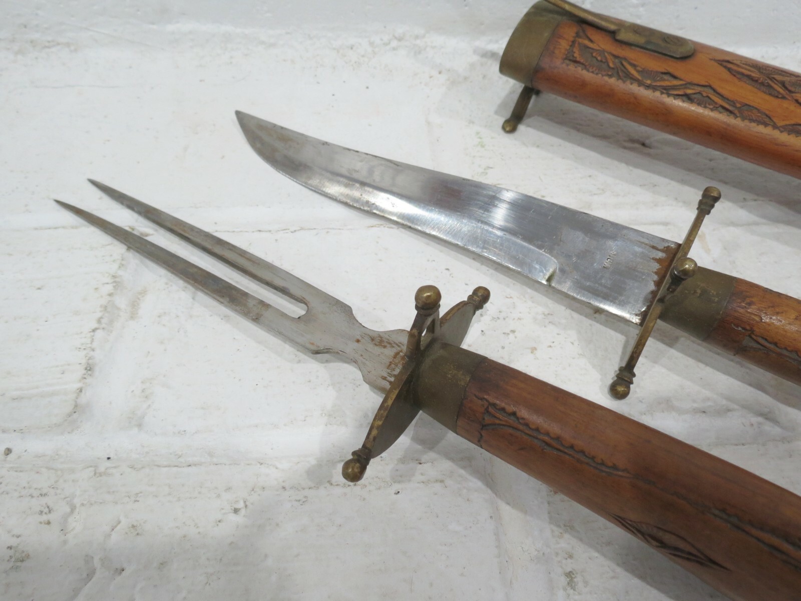 Vintage Carving Knife and Fork w/ Wooden Sheath India Brass Ornate Utensils Set