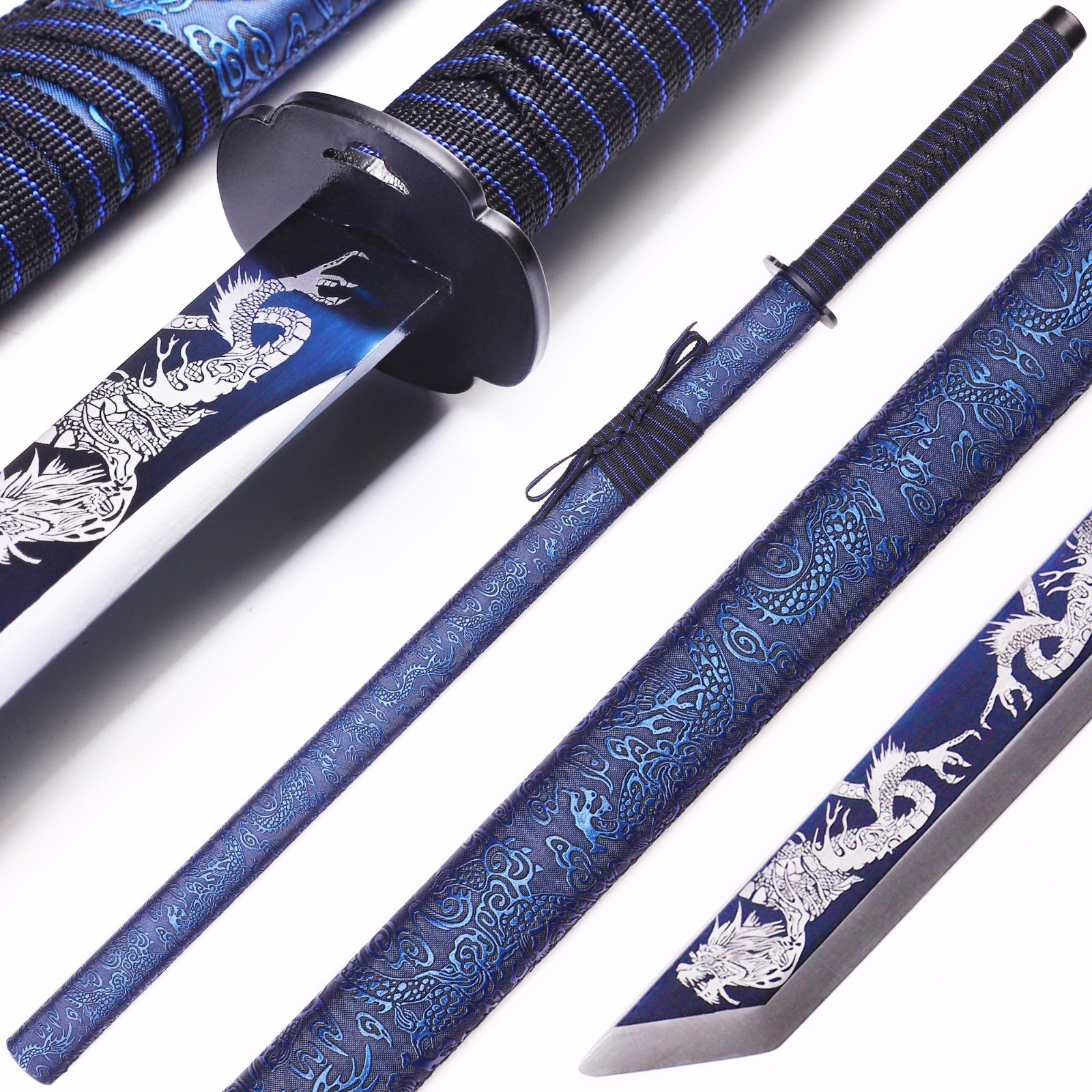 Relief Blue Dragon Patterned Katana, 1095 High Carbon Steel, Handmade Katana