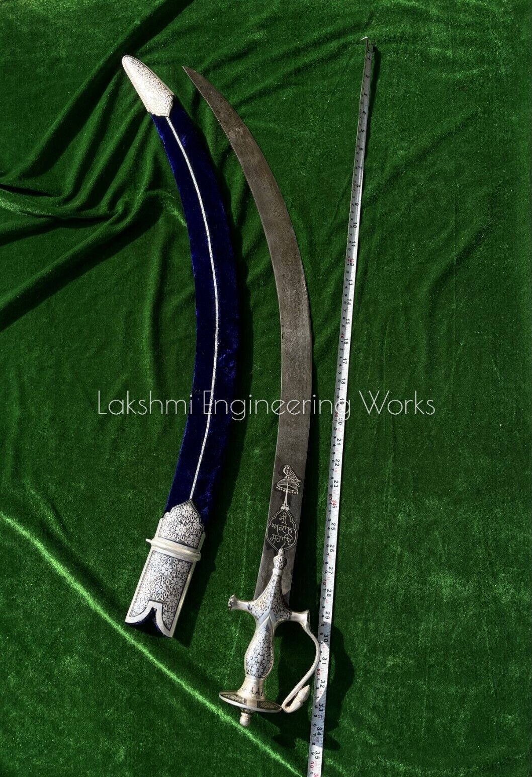 Sikh Goliya Sword Damascus Steel Blade Silver Koftgiri Velvet Scabbard I Buy Now