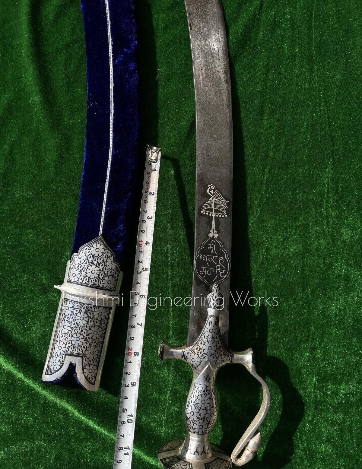 Sikh Goliya Sword Damascus Steel Blade Silver Koftgiri Velvet Scabbard I Buy Now
