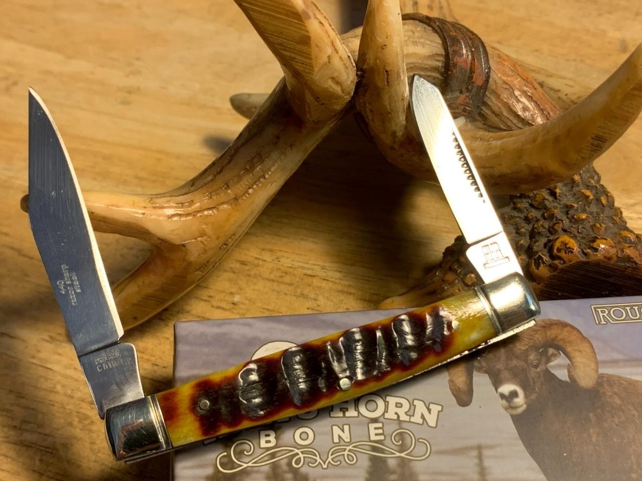 Rough Rider Brown Rams Horn Bone 2 Blade Stockman 3 1/4″ Pocket Knife RR1596