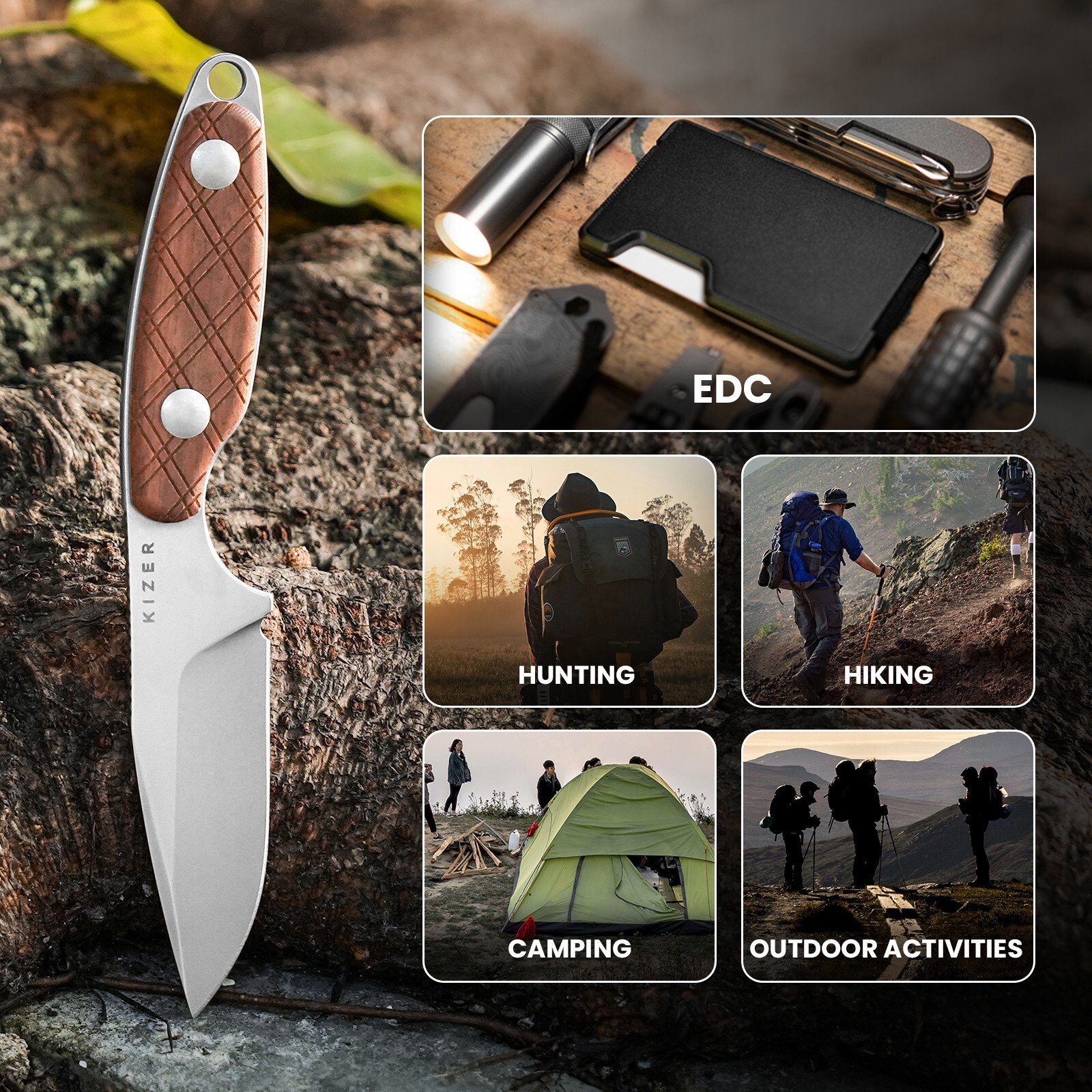 Kizer Muskrat Clip Point Fixed Blade Knife S35VN Wood Handle Stonewashed +Sheath