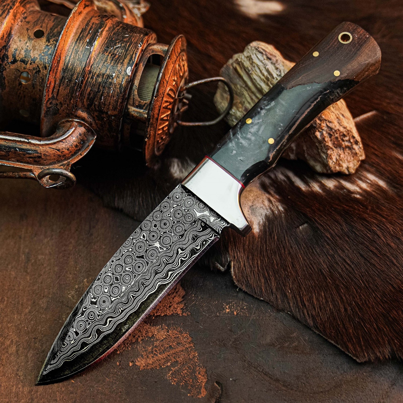 8.8″ Bushcraft Camping Damascus Knife Handmade Full Tang Wood Handle +Sheath