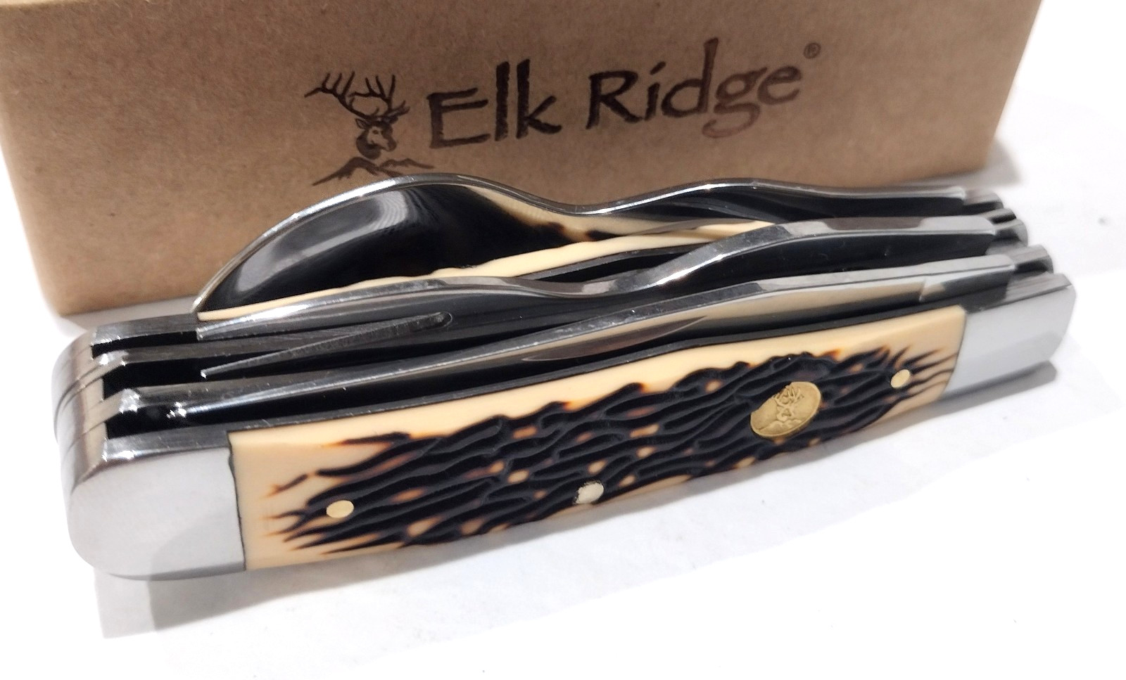 Elk Ridge Burnt Bone HOBO Folding Knife Fork Spoon Bottle Opener Camping Tool