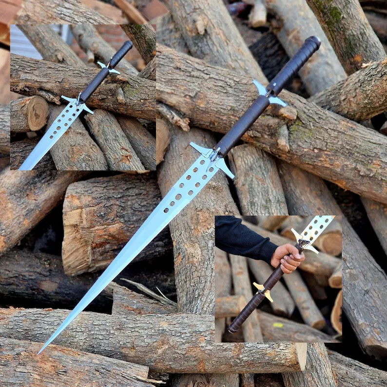 Handmade Fantasy Sword Double Hand Grip Leather Wrap Handle Perforated Blade
