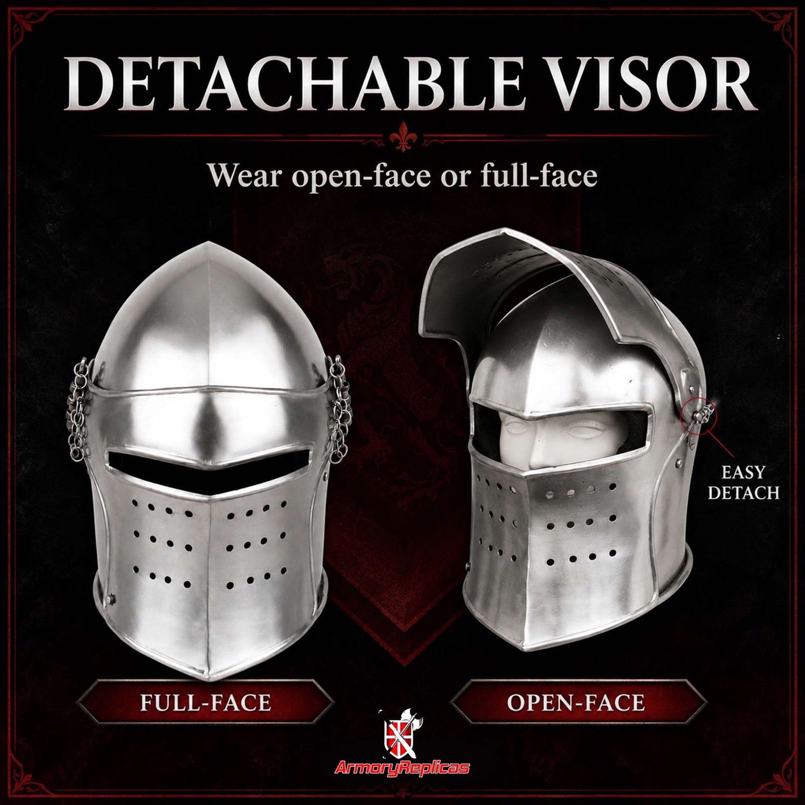 MEDIEVAL RENAISSANCE DETACHABLE VISOR BARBUTE 18 GUAGE FUNCTIONAL HELMET ARMOR