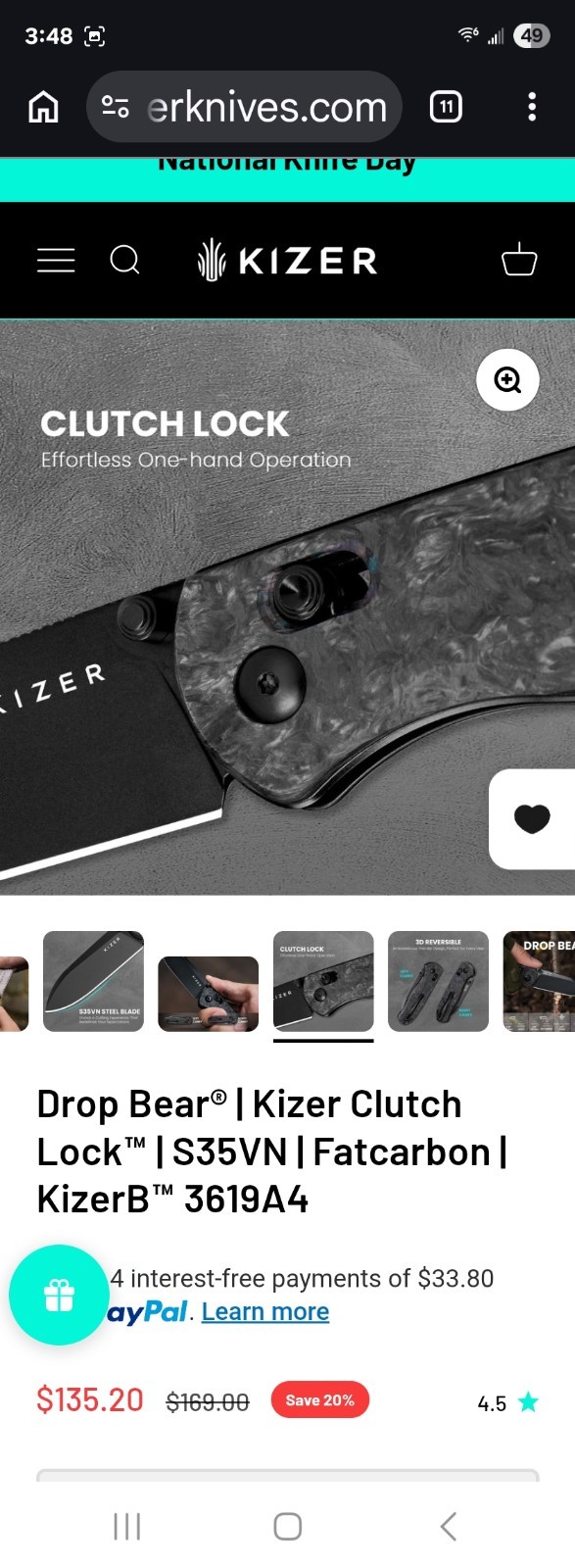 Kizer Drop Bear Pocketknife S35VN Drop Point Plain Clutch Lock Fatcarbon