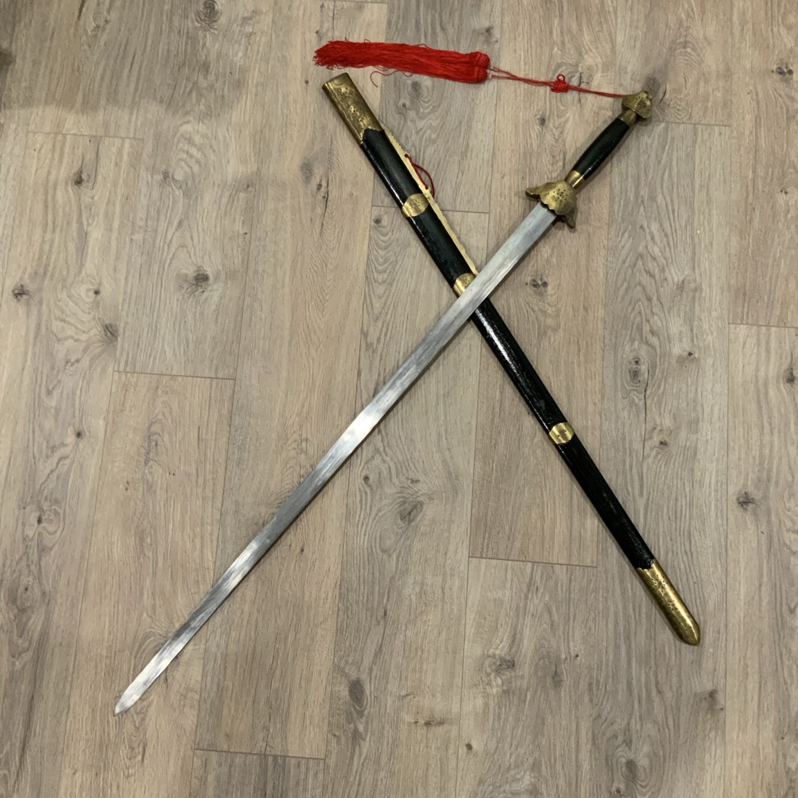 Chinese Sword Jian With Wooden Scabbard and Brass Fittings Tai Chi Kung Fu Wushu