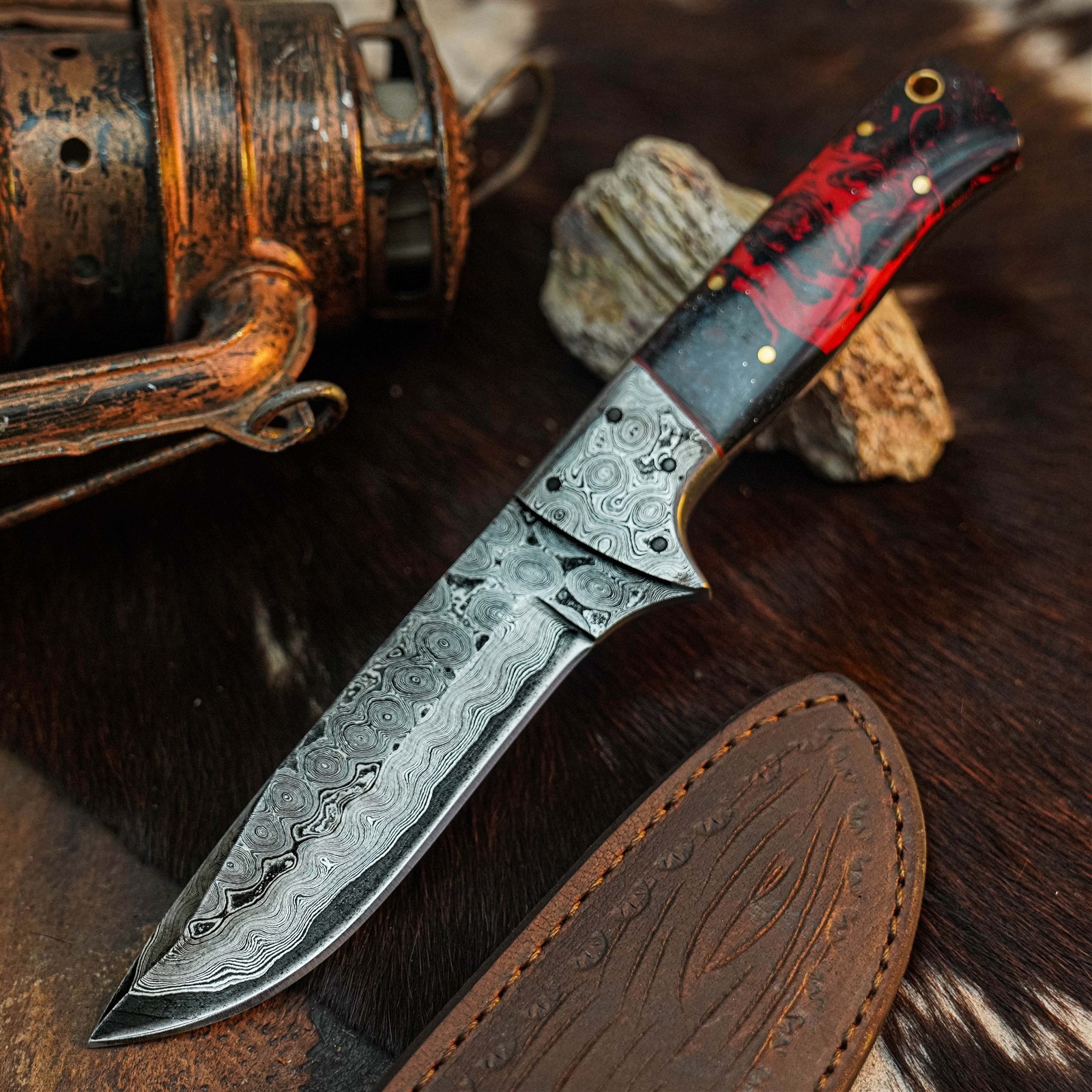 8.9″ Hunting EDC Damascus Knife Handmade Full Tang Resin Handle + Sheath