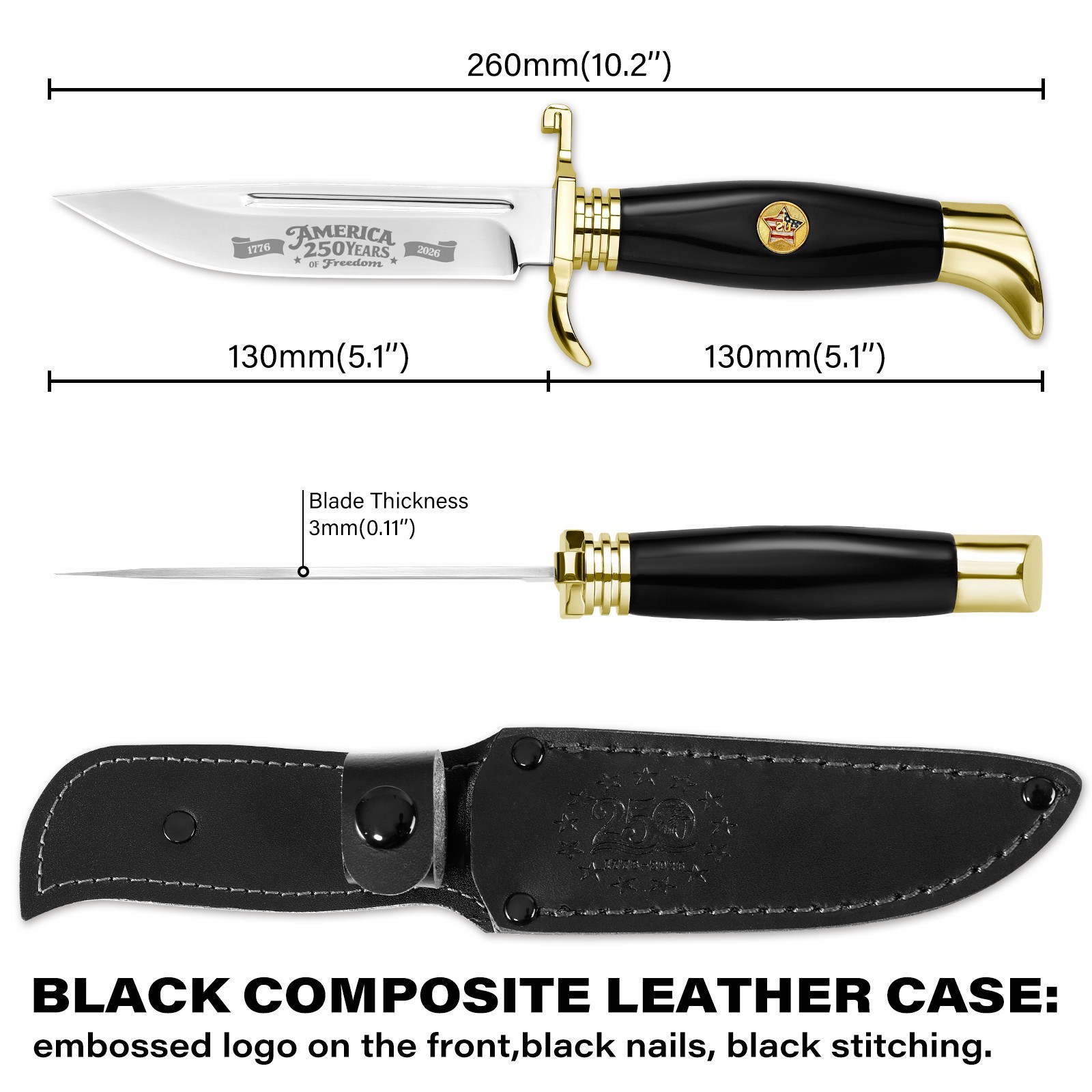 USA 250th Anniversary Fixed Blade Knife with sheath Independence Day Limited