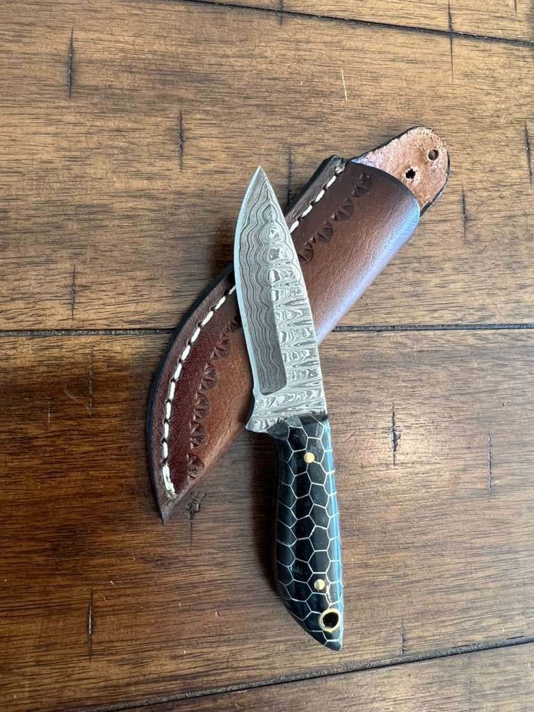 5.5″ CUSTOM EDC HANDMADE DAMASCUS NECK KNIFE W/ HONEYCOMB HANDLE & SHEATH 52.02