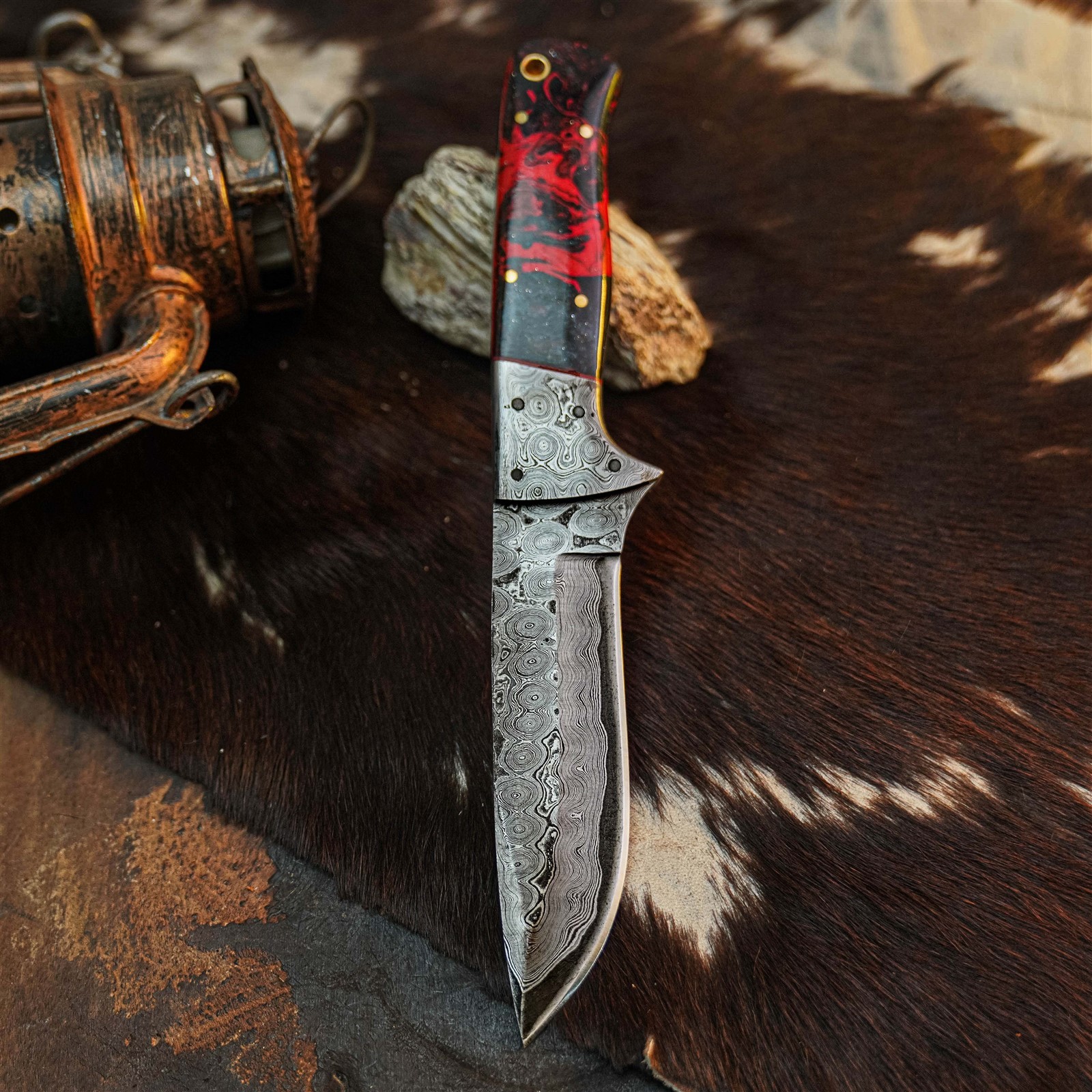 8.9″ Hunting EDC Damascus Knife Handmade Full Tang Resin Handle + Sheath