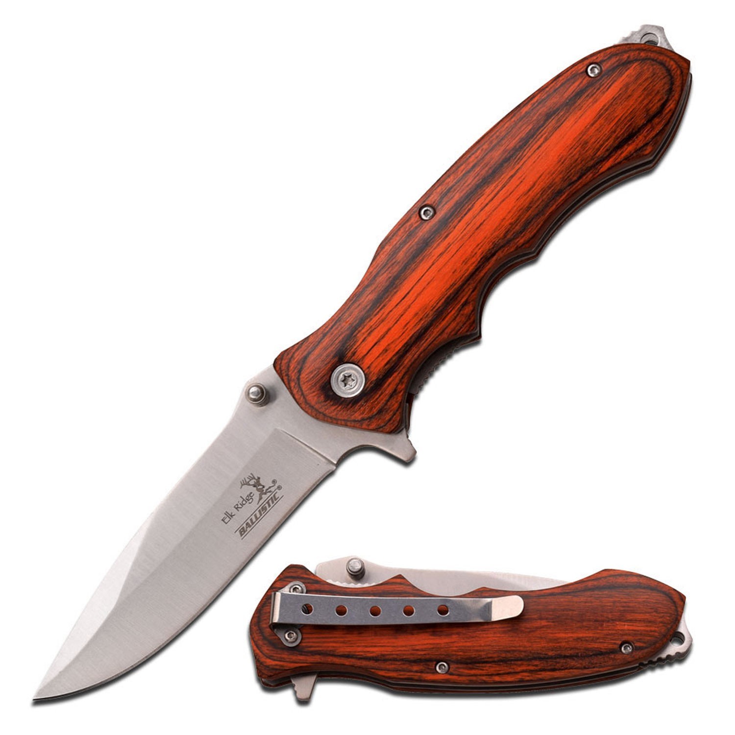 8″ Elk Ridge Spring Assisted Knife w/Wood Handle and Pocket Clip