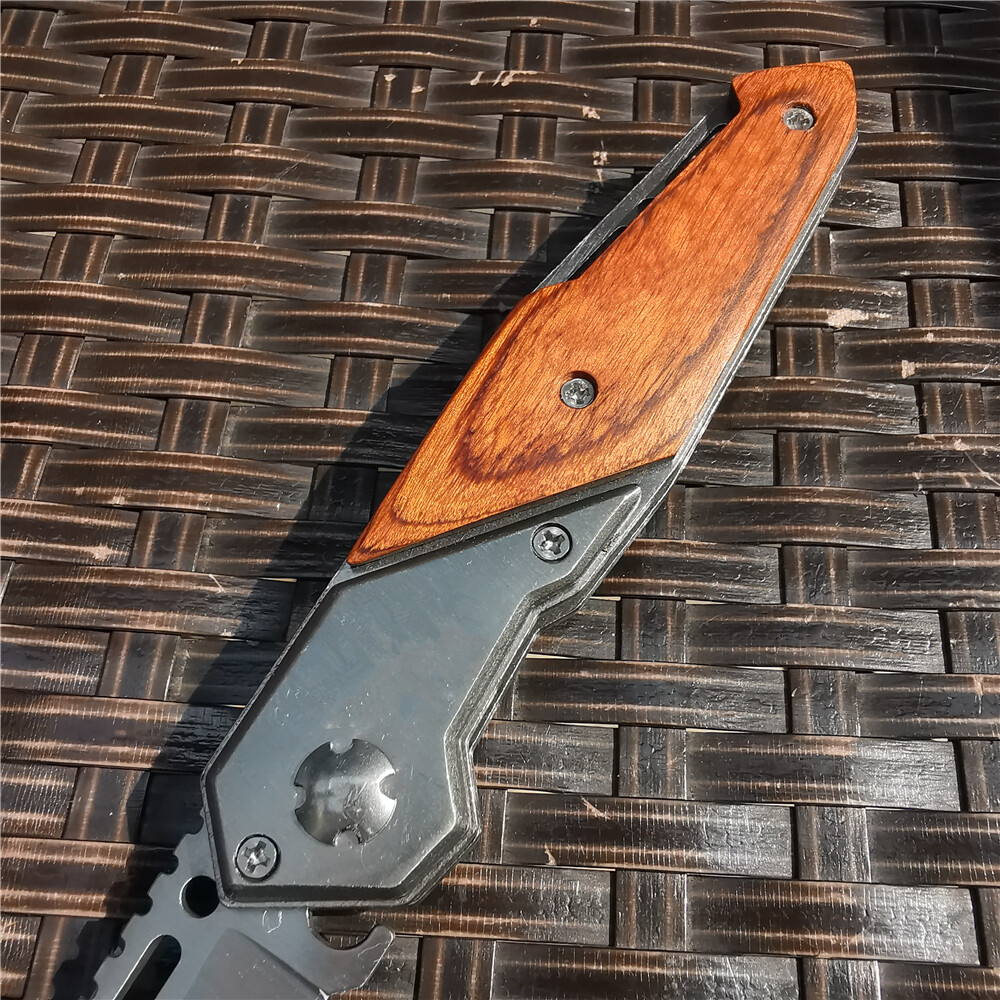 Assisted Folding Knives Wood Steel Handle 8cr15 Blade Hunting Tactical Knife Edc
