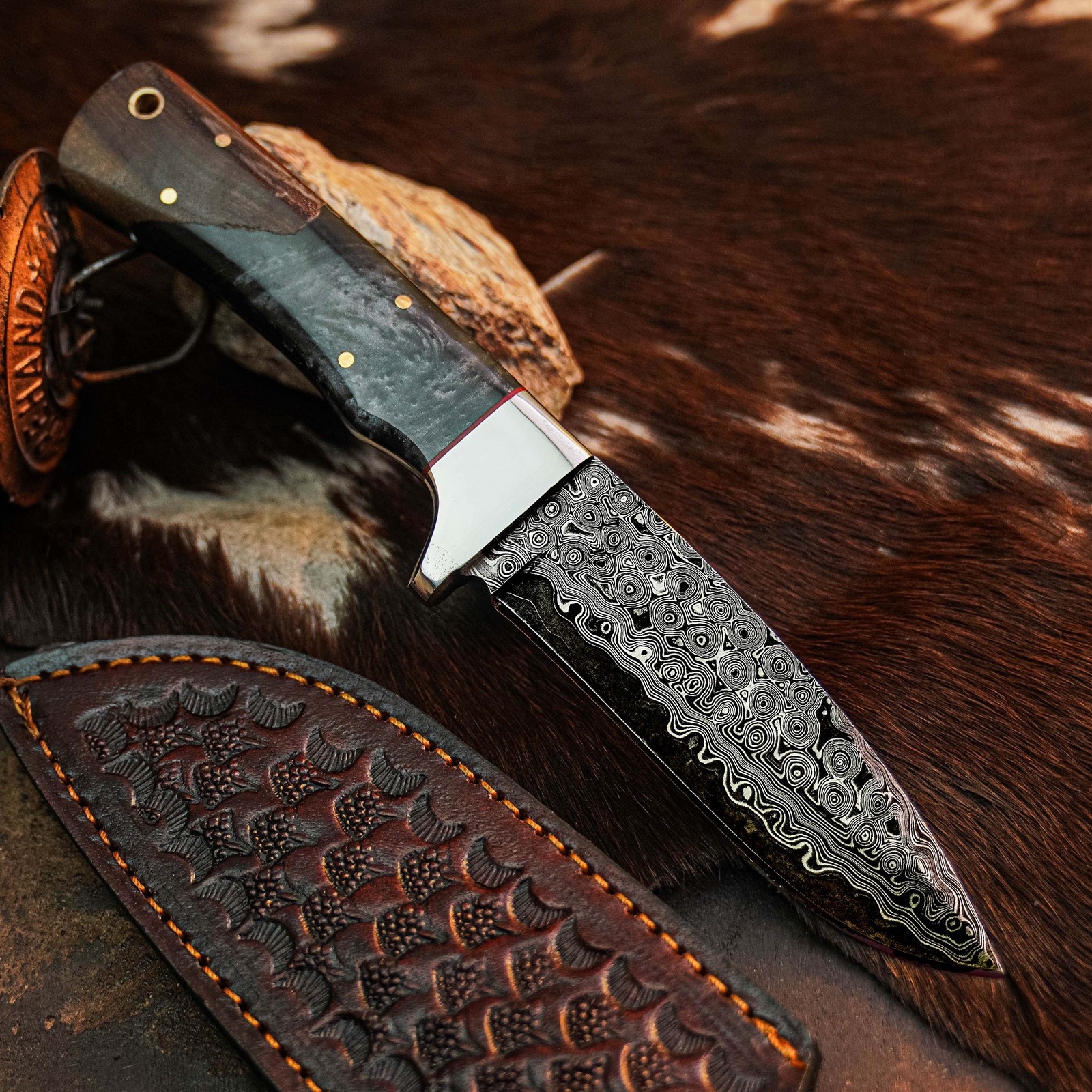 8.8″ Bushcraft Camping Damascus Knife Handmade Full Tang Wood Handle +Sheath