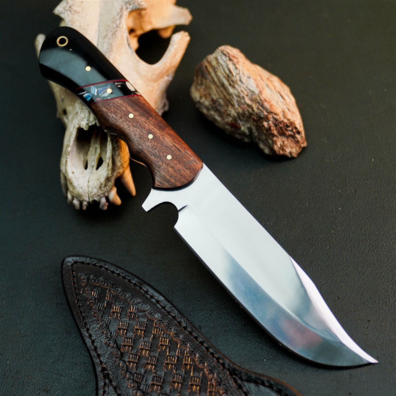 9.6″ Hunting EDC Stainless Knife Handmade Full Tang Wood Handle + Sheath