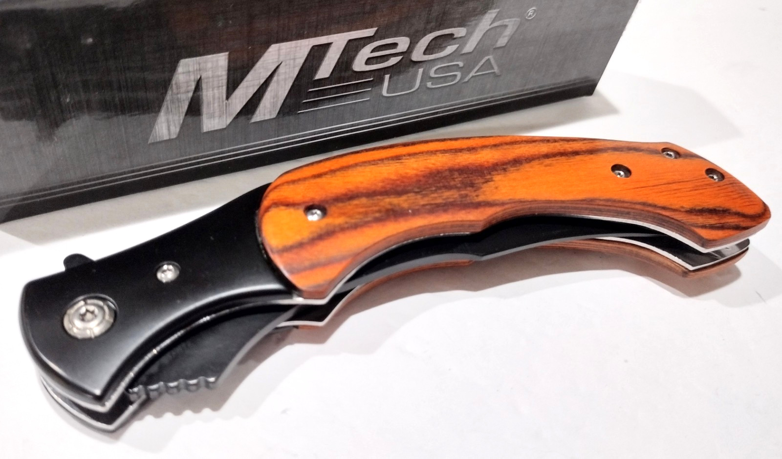 MTECH A/O Large Curved Blade Brown Wood Tactical Linerlock Folding Pocket Knife