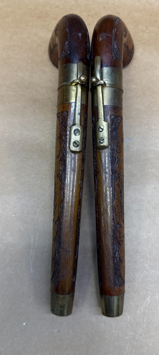 VERY RARE Knife Pair Carved Handles Matched Carved Wood Sheaths Brass Trim-INDIA