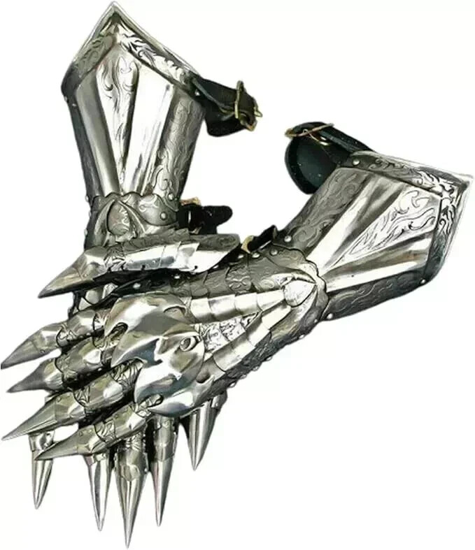 Medieval Knight Gauntlet Gloves Pair Brass Accents Crusader Armor Steel Gloves
