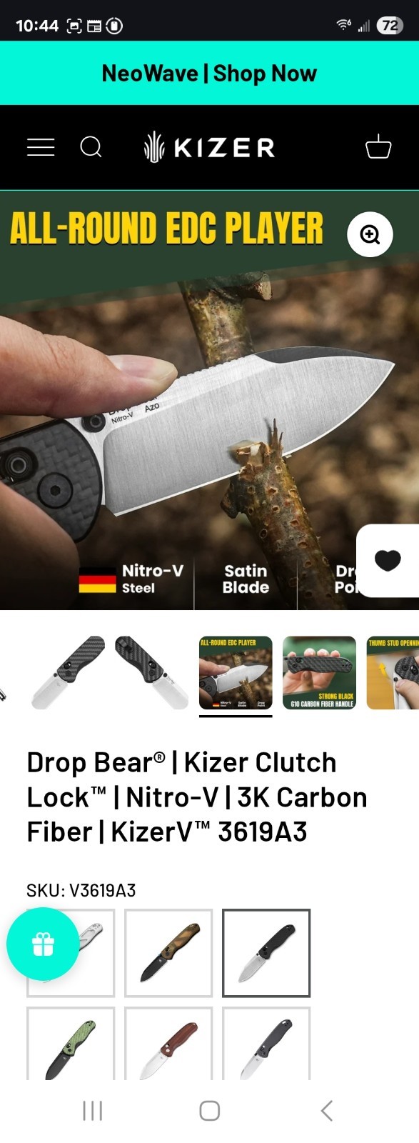 Kizer Drop Bear V3619A3 Pocketknife Nitro-V Drop Point Plain Clutch Lock CF