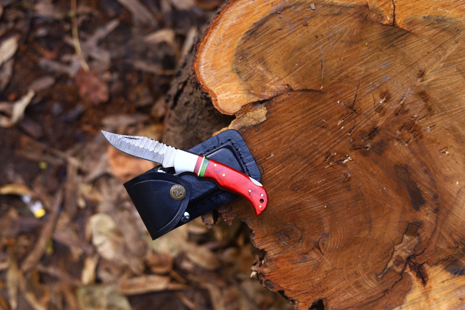 Custom Handmade Damascus Steel Folding EDC pocket Knife with Leather Sheath