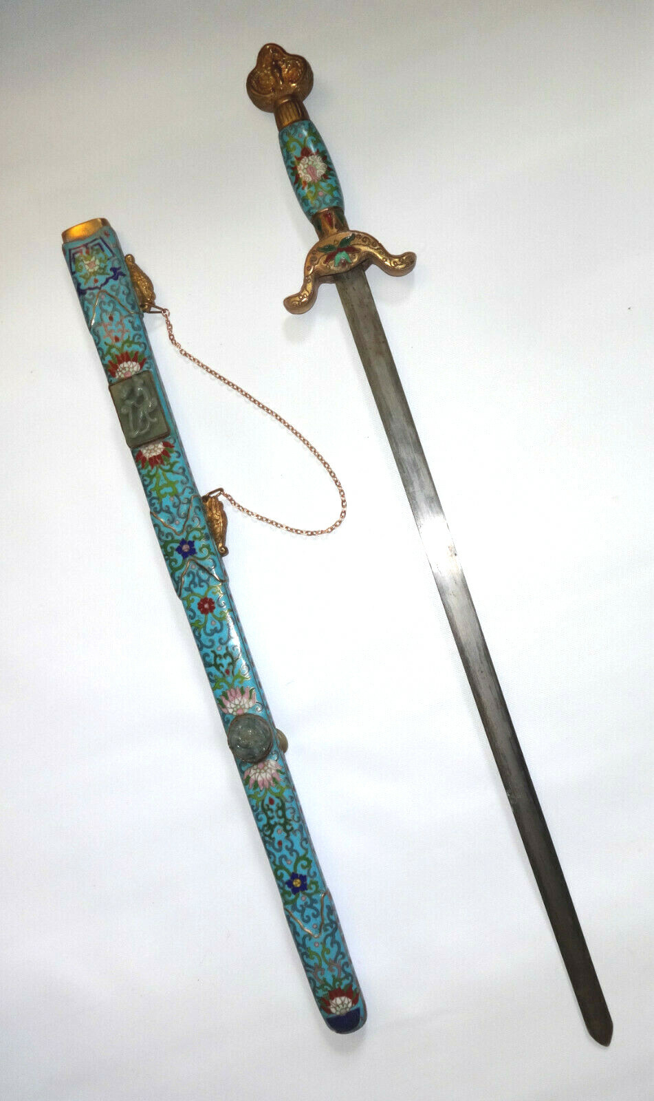 Antique Chinese Sword Jian Jade Tai Chi Cloisonne Enamel Sheath Scabbard