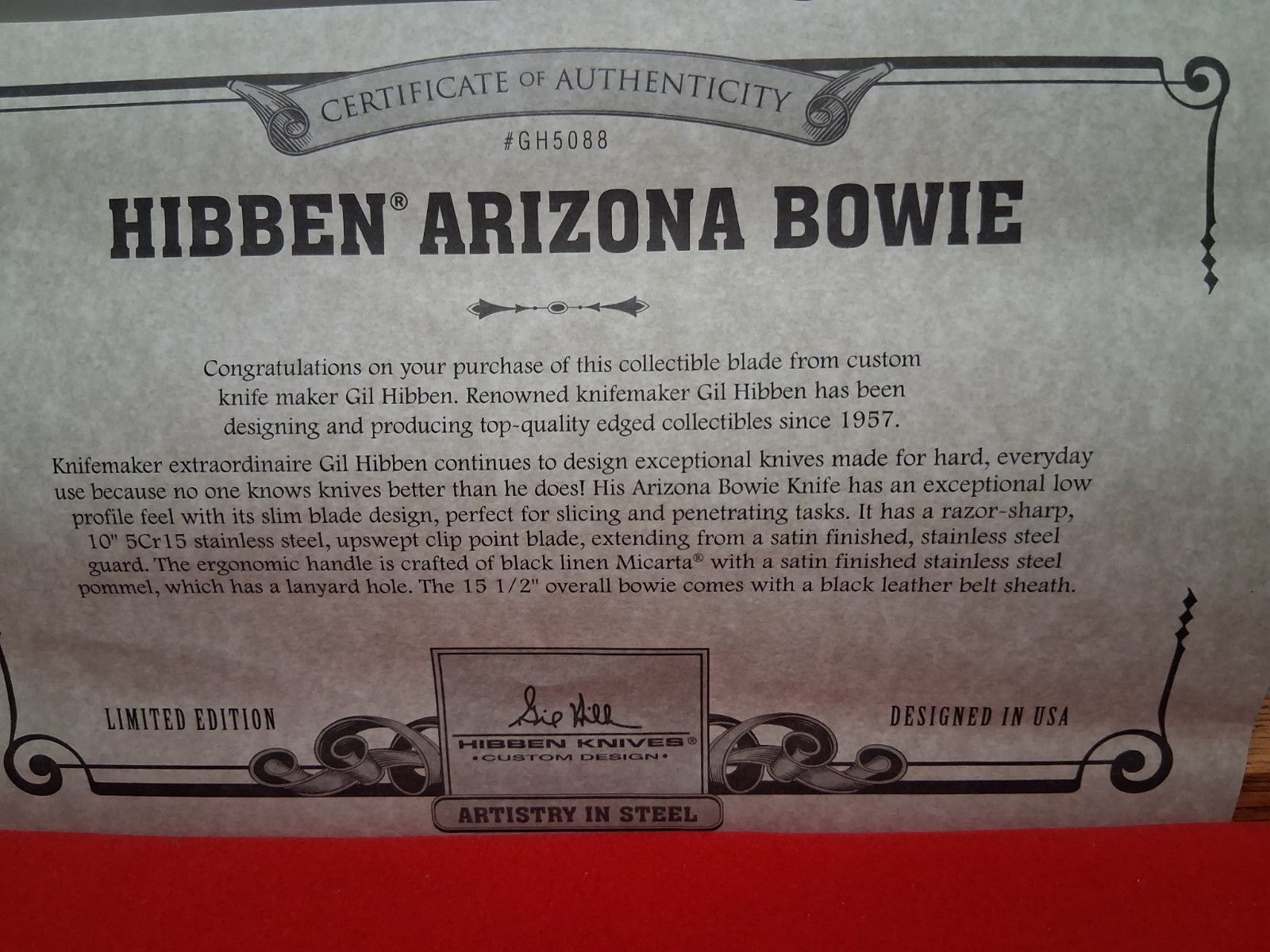GIL HIBBEN’s ARIZONA BOWIE KNIFE with SHEATH &BOX 15 1/2″long! NEW Condition!!