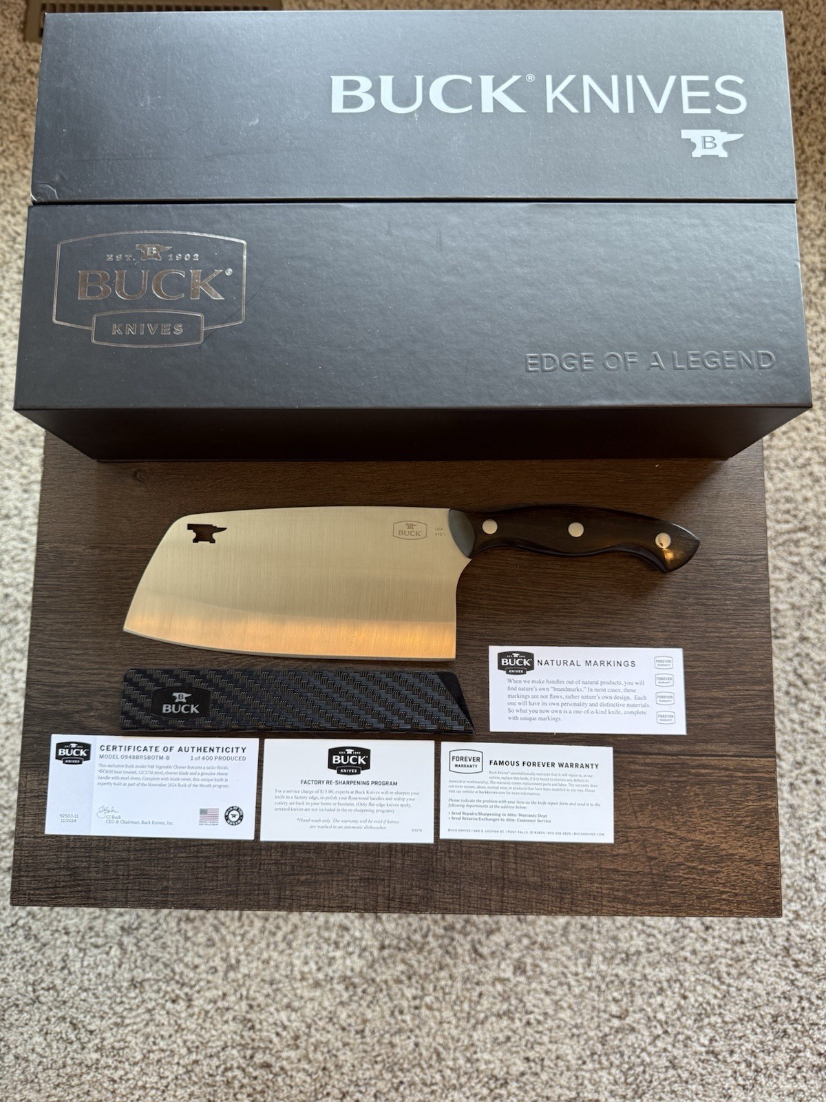 Buck Knife 948 Ebony Cleaver November 2024 Buck Of The Month 1 of 400
