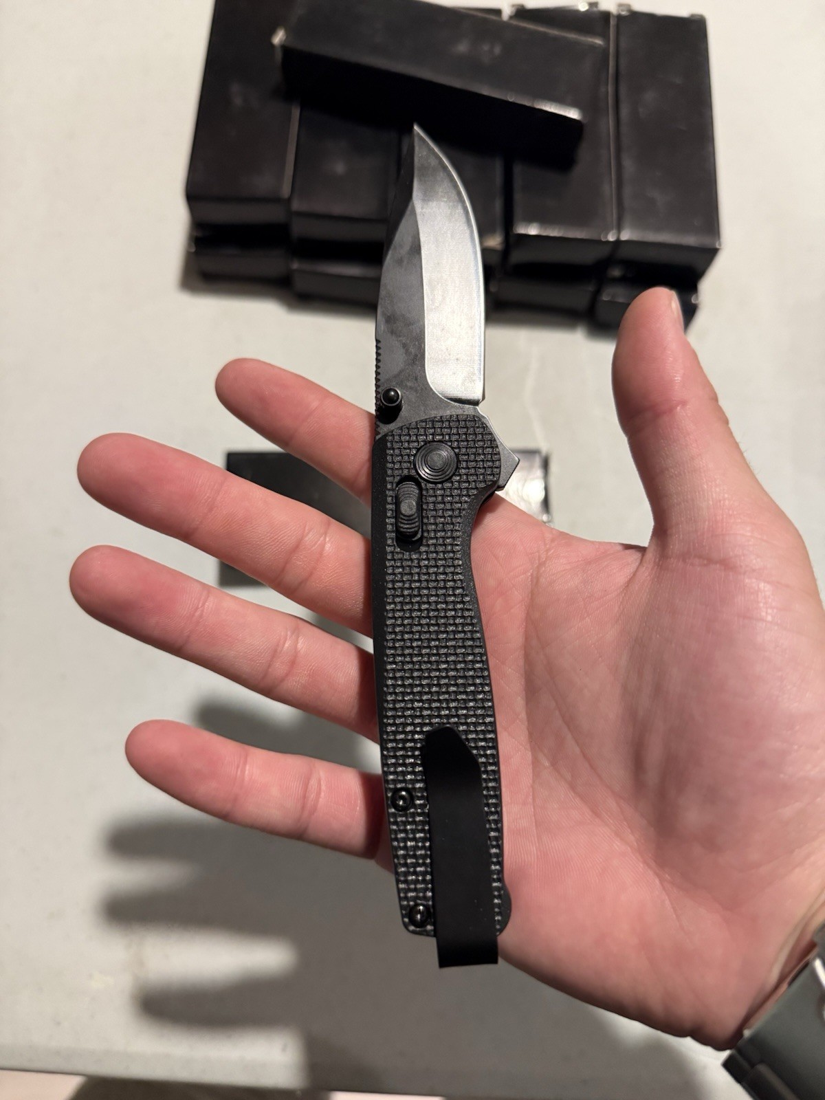 Black Folding Pocketknife Drop Point Blade Textured Handle Manual Opening