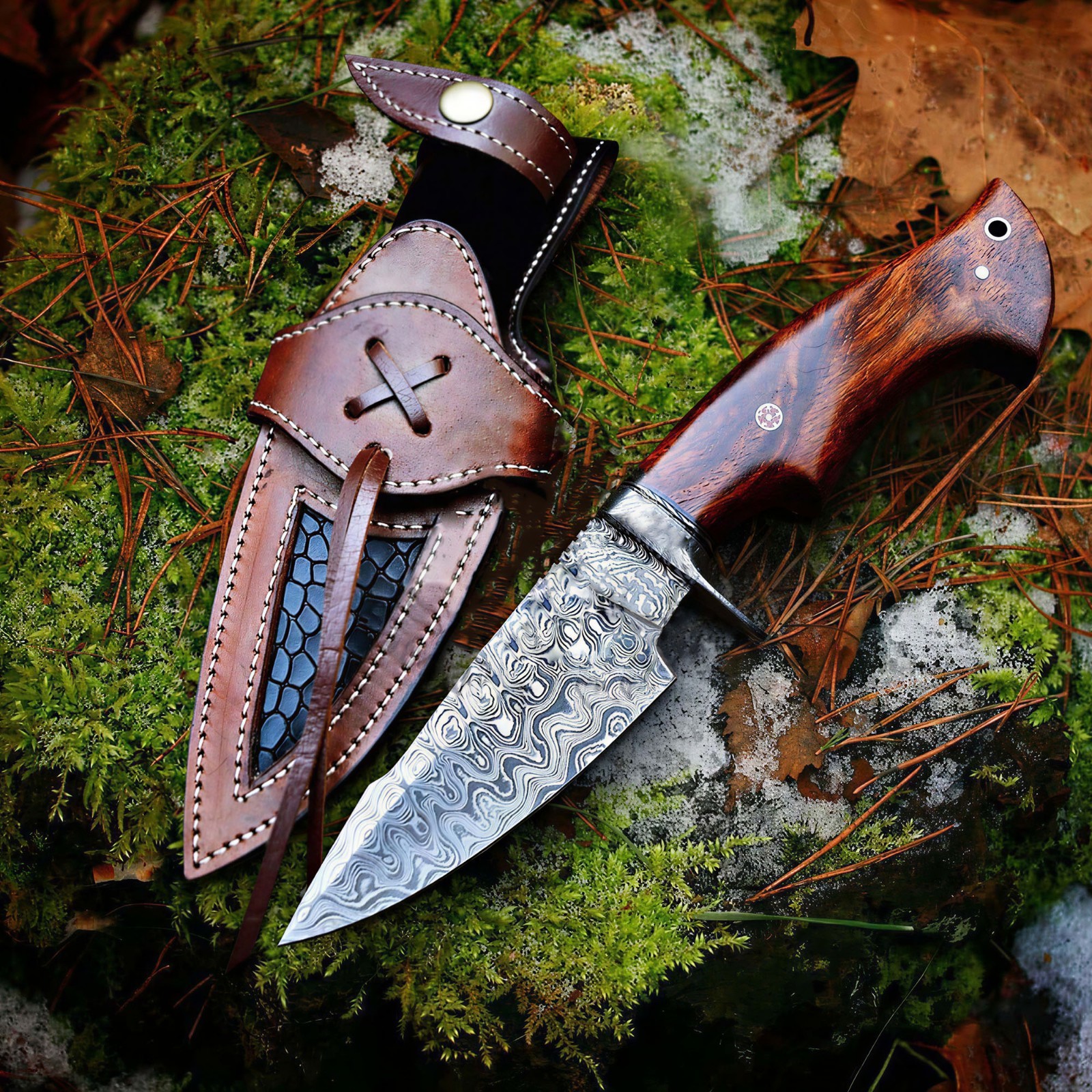 Handmade Damascus Steel Hunting Knife, Fixed Blade Outdoor Camping Hunting Knife