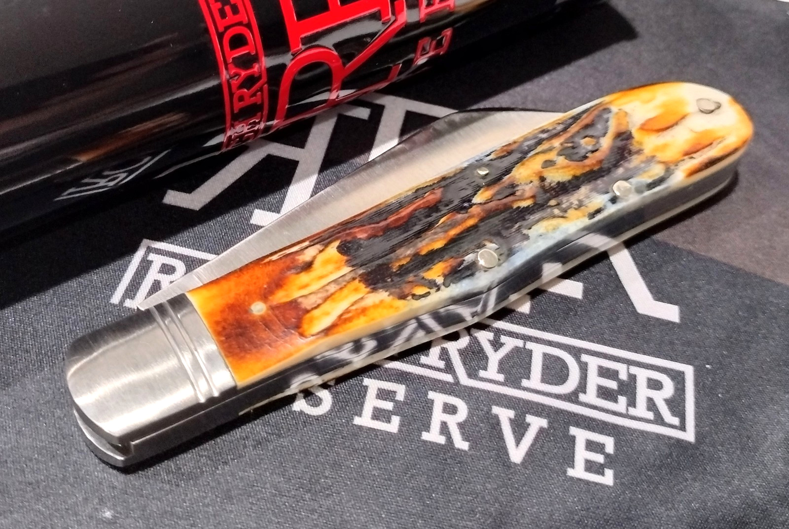 Rough Ryder Reserve Brown Stag Bone D2 Tool Steel Grandaddy Folder Pocket Knife