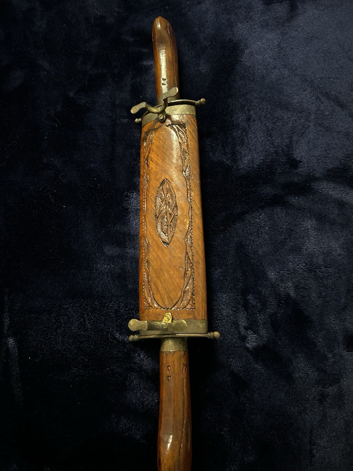 Antique Vintage Brass & Hand Carved Wood Sheath Carving Knife and Fork Set India